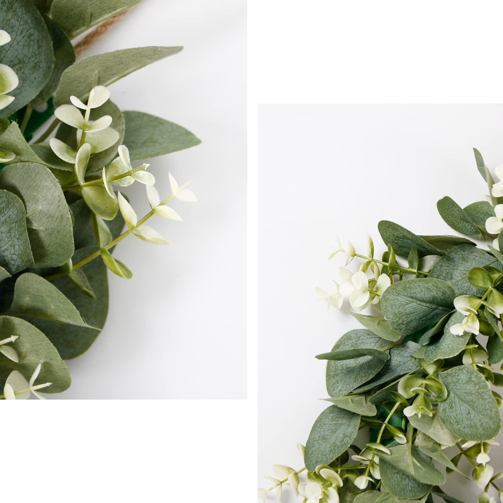 Close-up of artificial eucalyptus leaves and small white flowers on a white background, showing texture and detail.