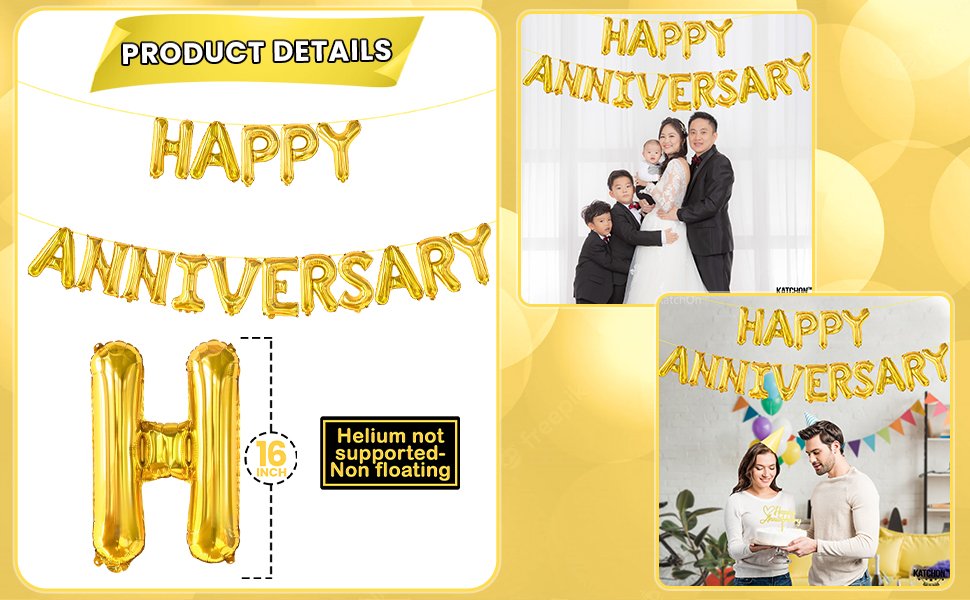 Gold foil letter balloons spelling Happy Anniversary, shown with size reference and lifestyle images.