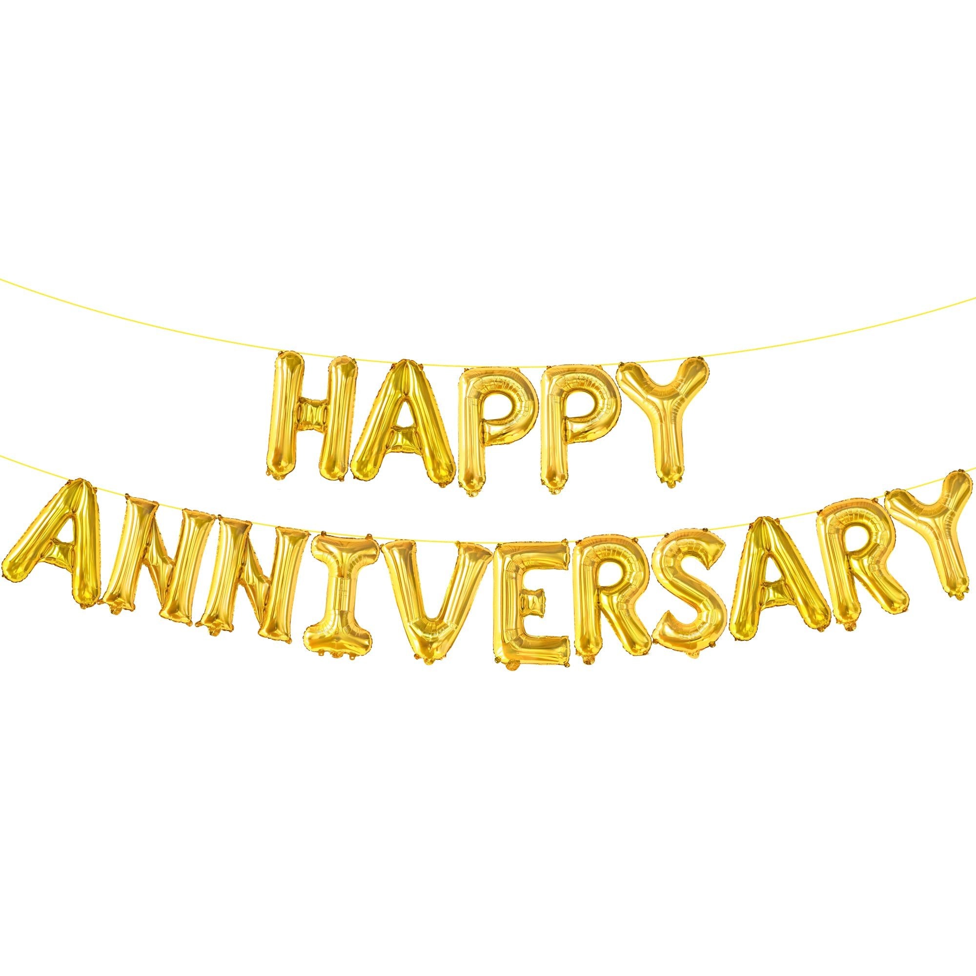 Gold foil letter balloons spelling HAPPY ANNIVERSARY strung on a yellow cord against a white background.