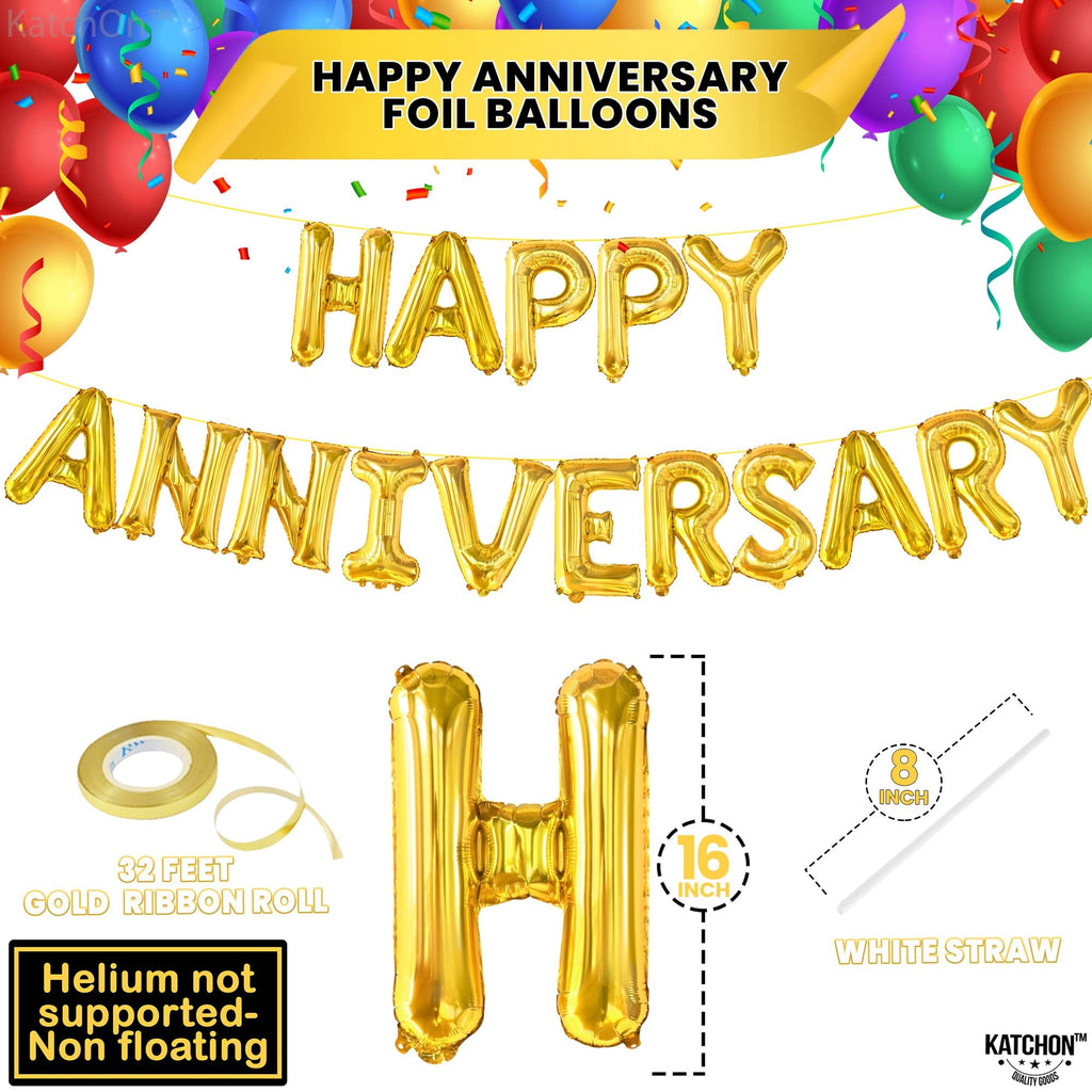 Gold foil letter balloons spelling Happy Anniversary, with balloons, ribbon, straw, and size indicators.
