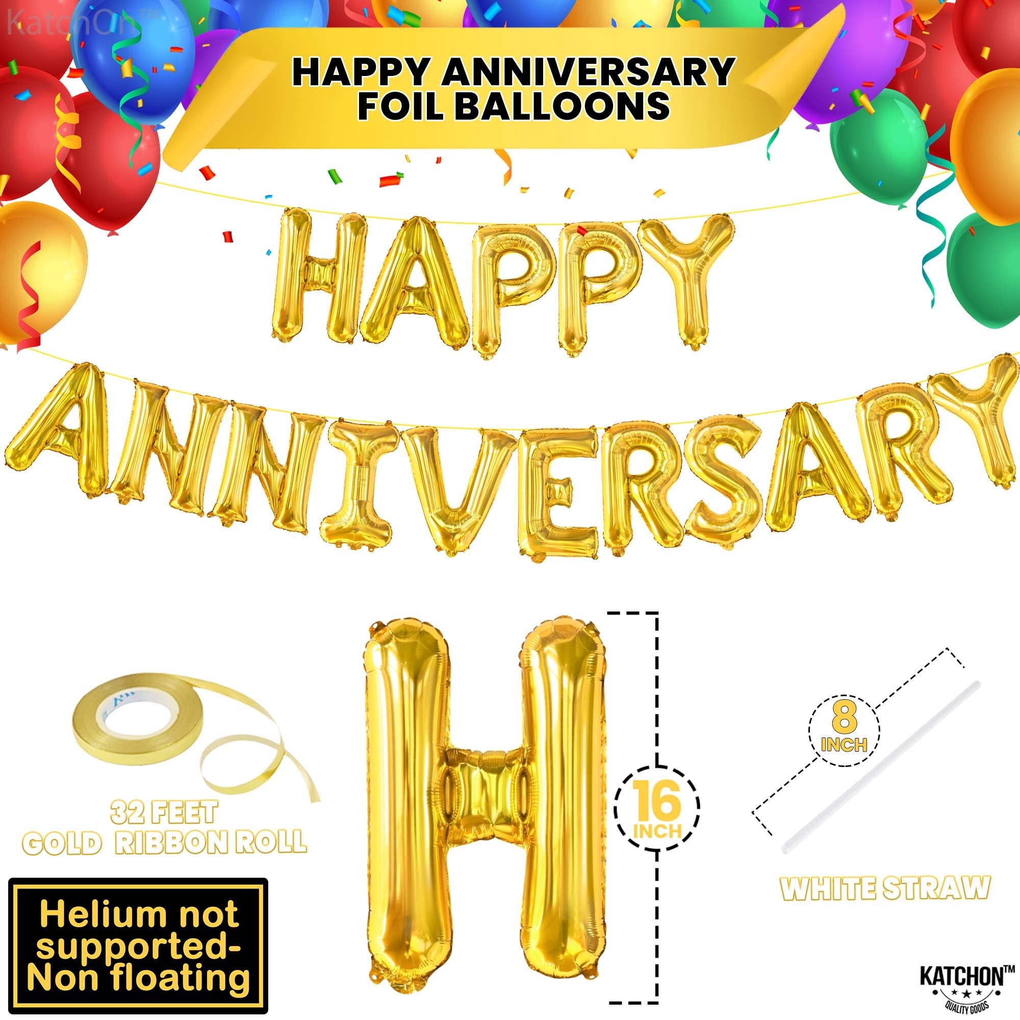 Gold foil letter balloons spelling Happy Anniversary, with balloons, ribbon, straw, and size indicators.