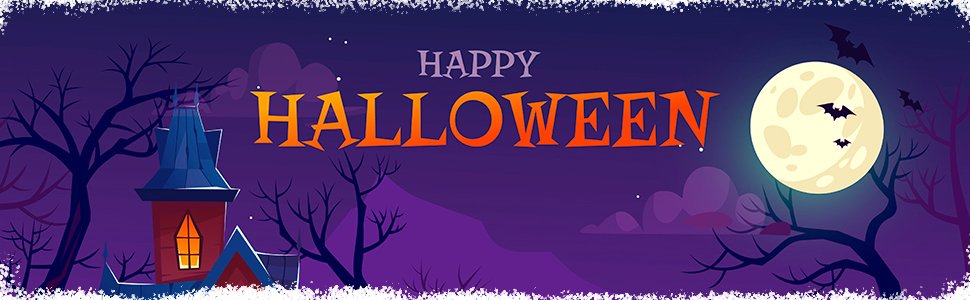 Halloween scene with a haunted house, full moon, bats, and bare trees under a purple night sky.