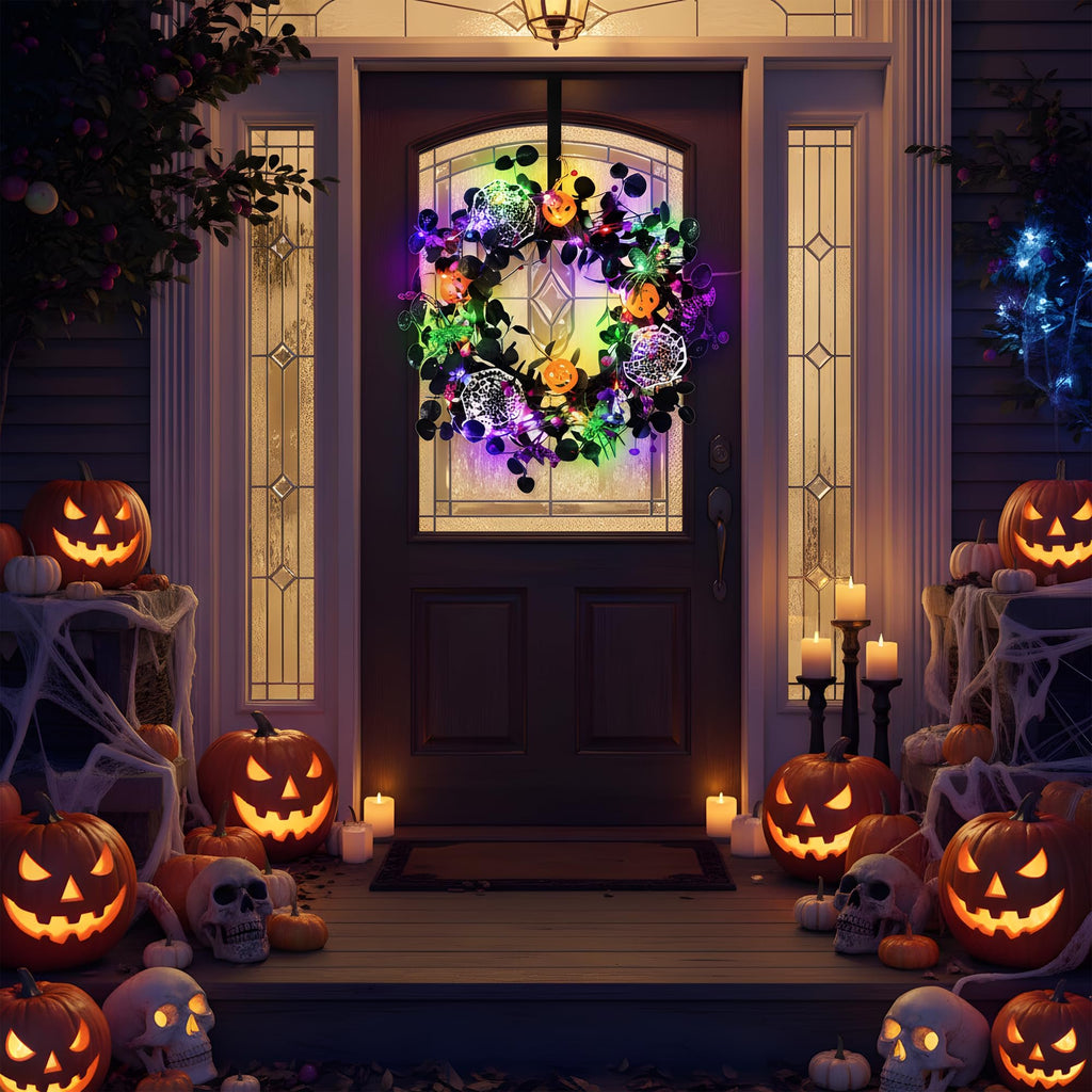 Halloween wreath with pumpkins and lights on a front door, surrounded by jack-o'-lanterns and skulls on a porch.