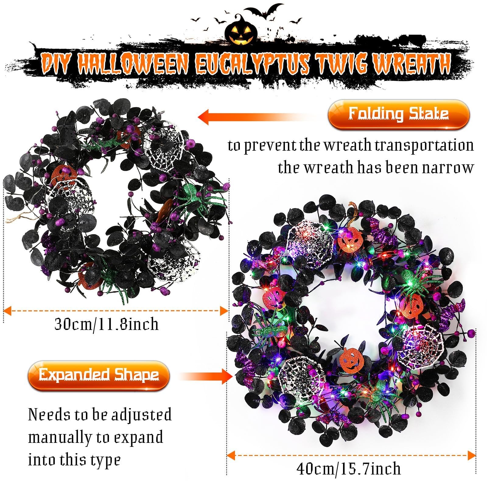 Halloween eucalyptus twig wreath shown in two sizes, one folded and one expanded with LED lights, pumpkins, bats, and spiders.