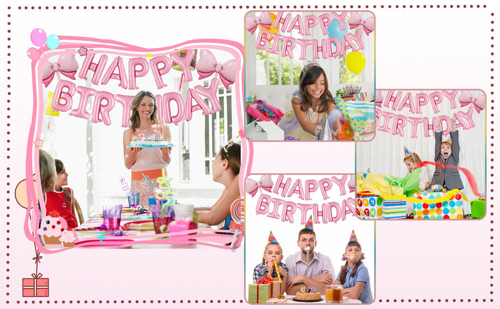 Collage of birthday party scenes with pink foil balloons spelling 'Happy Birthday' and children celebrating.