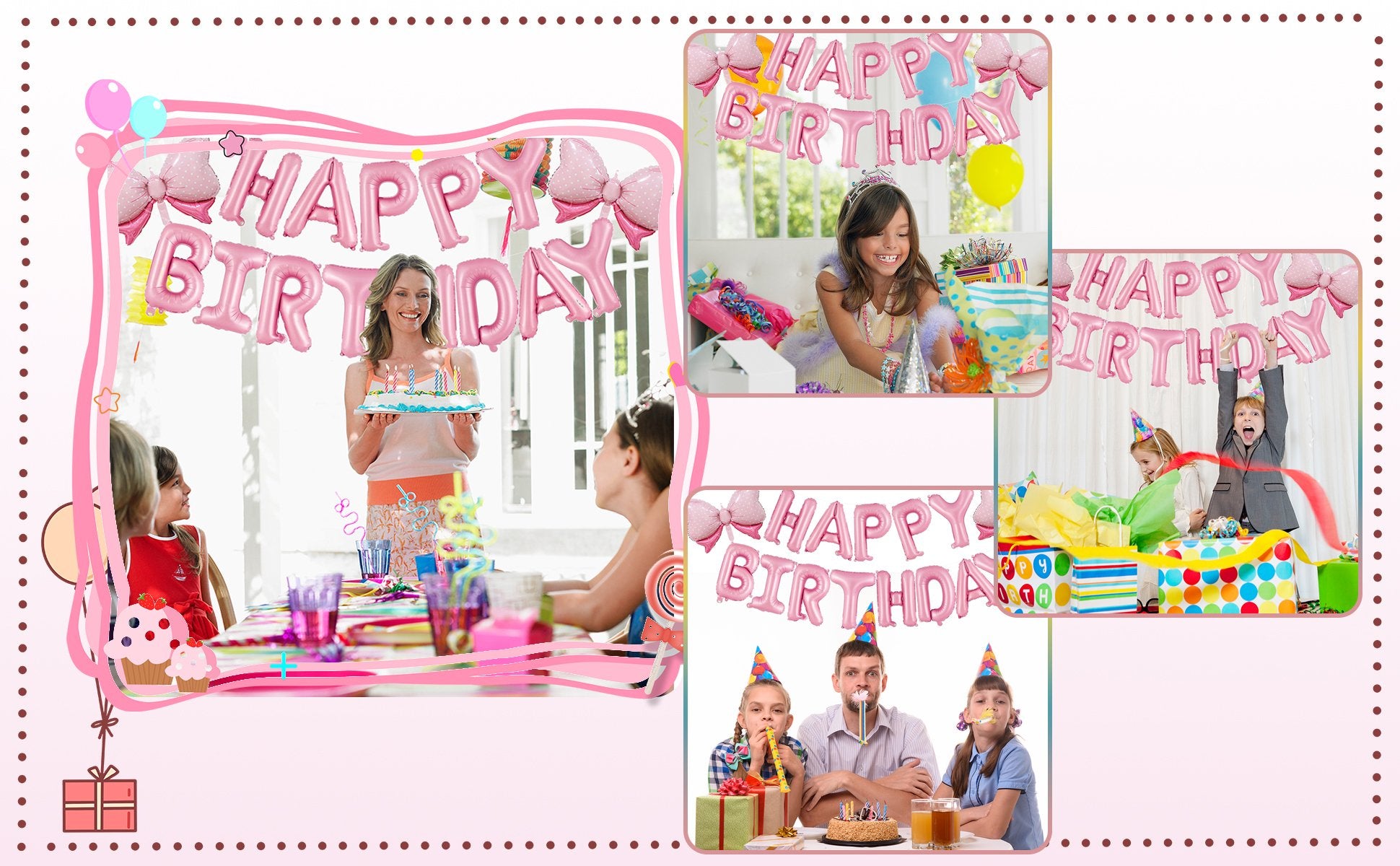 Collage of birthday party scenes with pink foil balloons spelling 'Happy Birthday' and children celebrating.