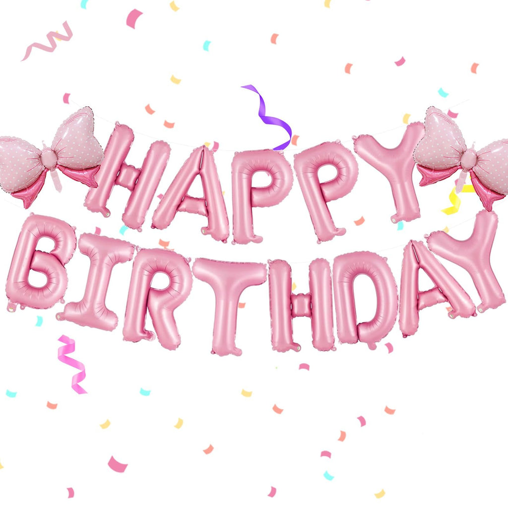 Pink foil letter balloons spelling 'HAPPY BIRTHDAY' with two pink polka dot bow balloons on a white background with confetti.