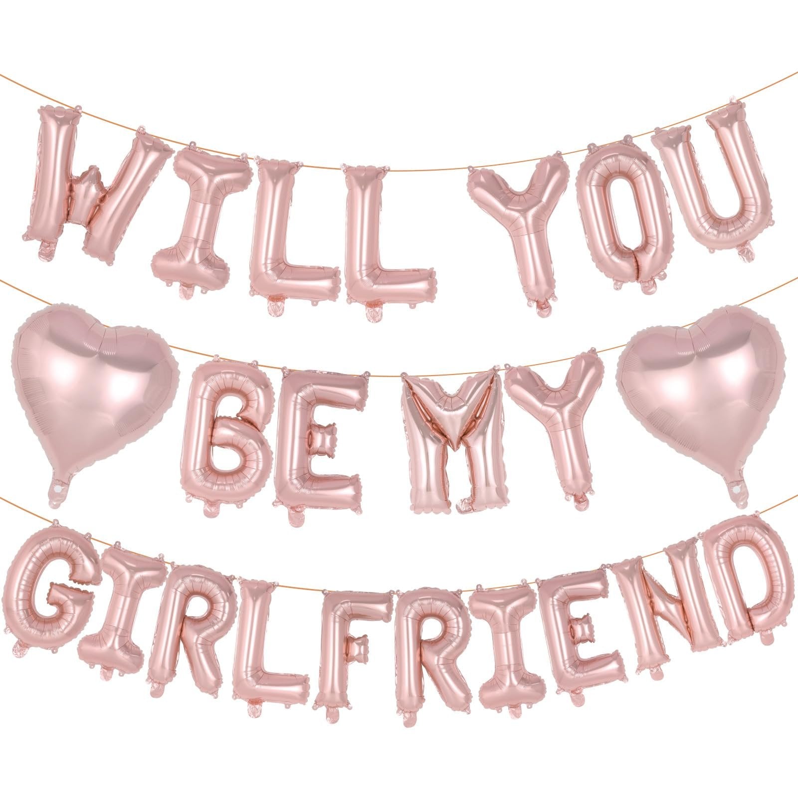 Rose gold foil balloons spelling 'Will You Be My Girlfriend' with two heart balloons, strung on a wire.