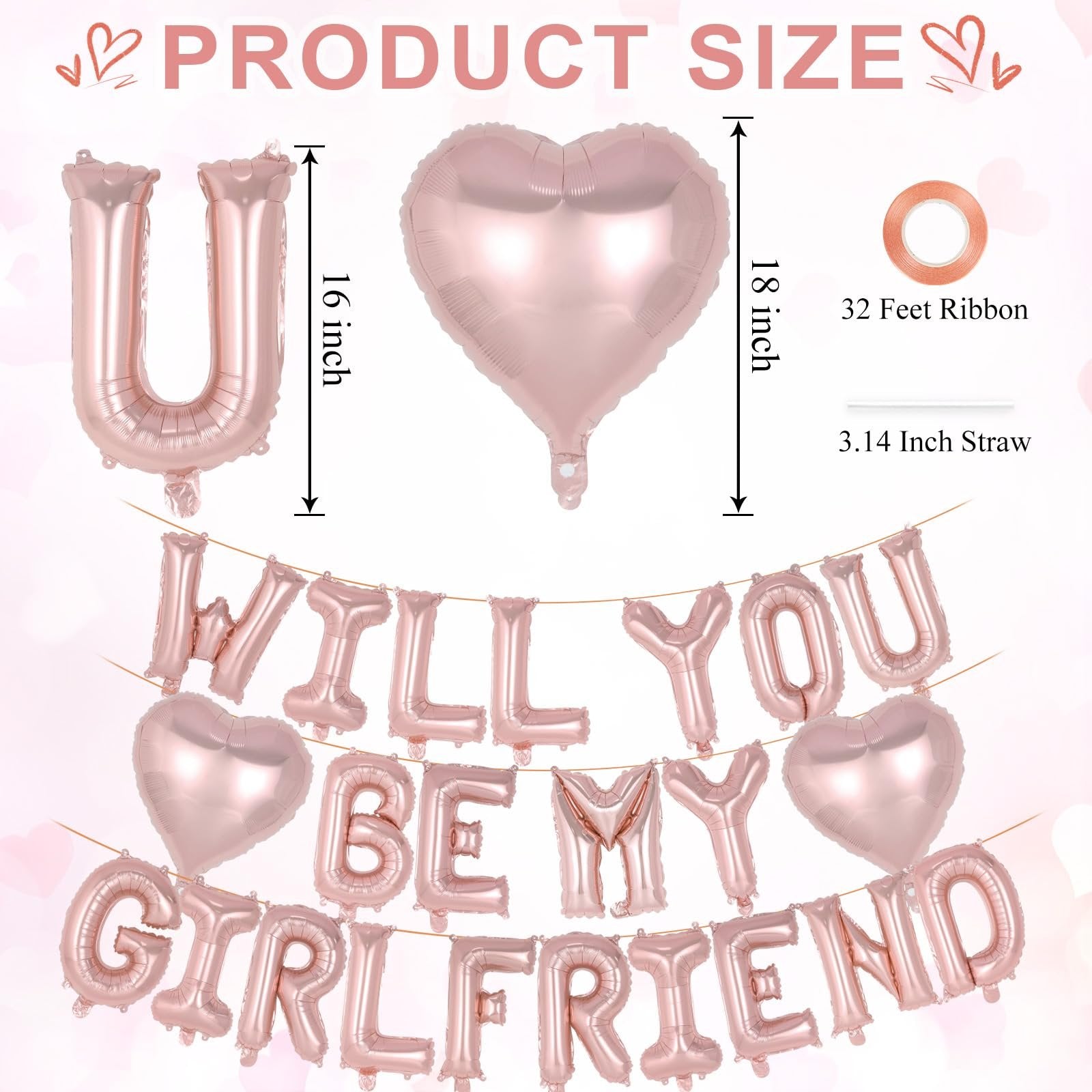 Rose gold foil balloons spelling "Will You Be My Girlfriend" with heart balloons and size dimensions.