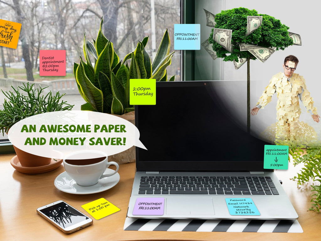 Desk scene with laptop, coffee, phone, and plants, featuring sticky notes with reminders and a person covered in sticky notes.