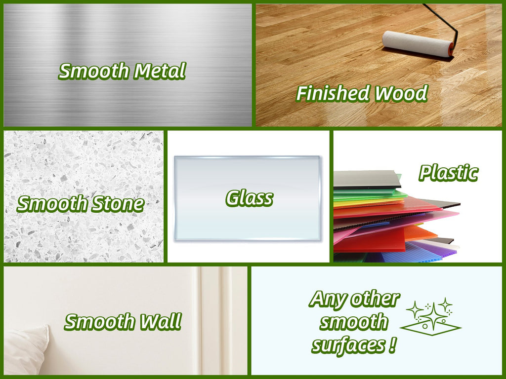 Collage of various smooth surfaces including metal, wood, stone, glass, plastic, and wall, with text indicating suitability for notes.
