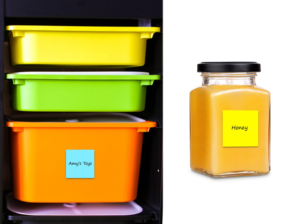 Three colorful storage bins and a jar of honey, each with a sticky note label.