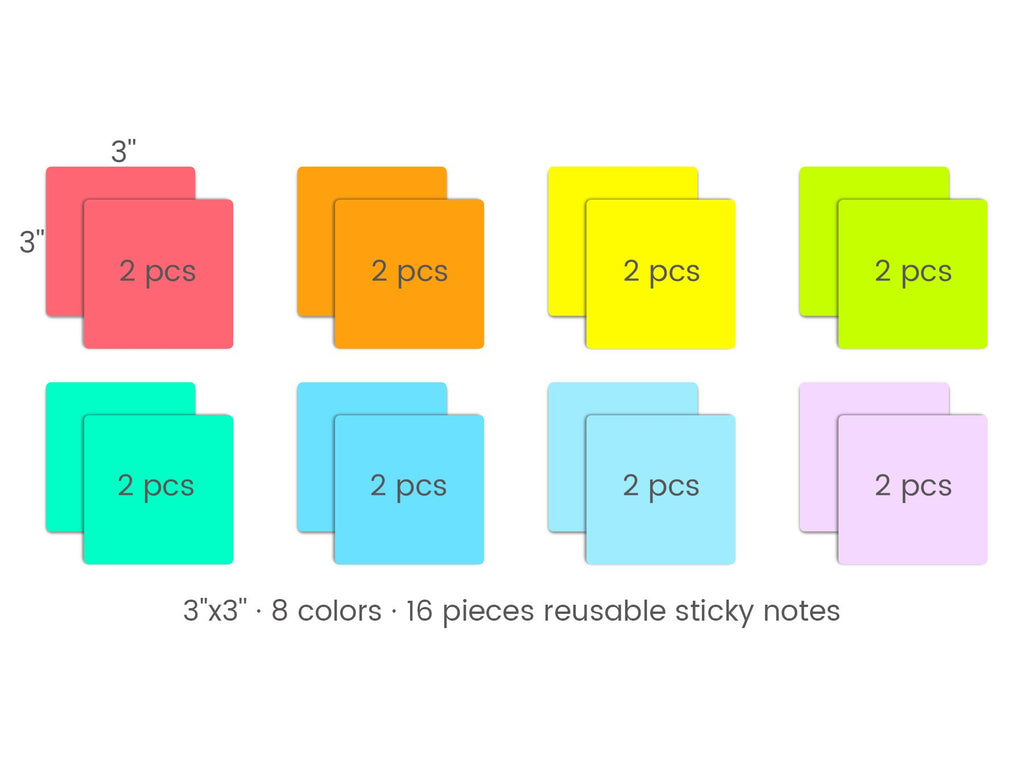 Eight pairs of colorful 3x3 inch reusable dry erase sticky notes, each pair labeled '2 pcs'.