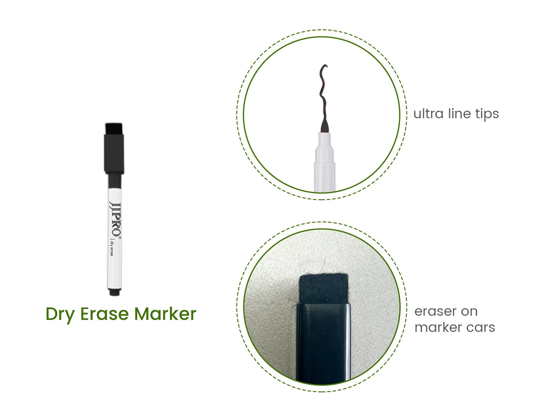 Dry erase marker with close-ups of ultra line tip and eraser on marker cap