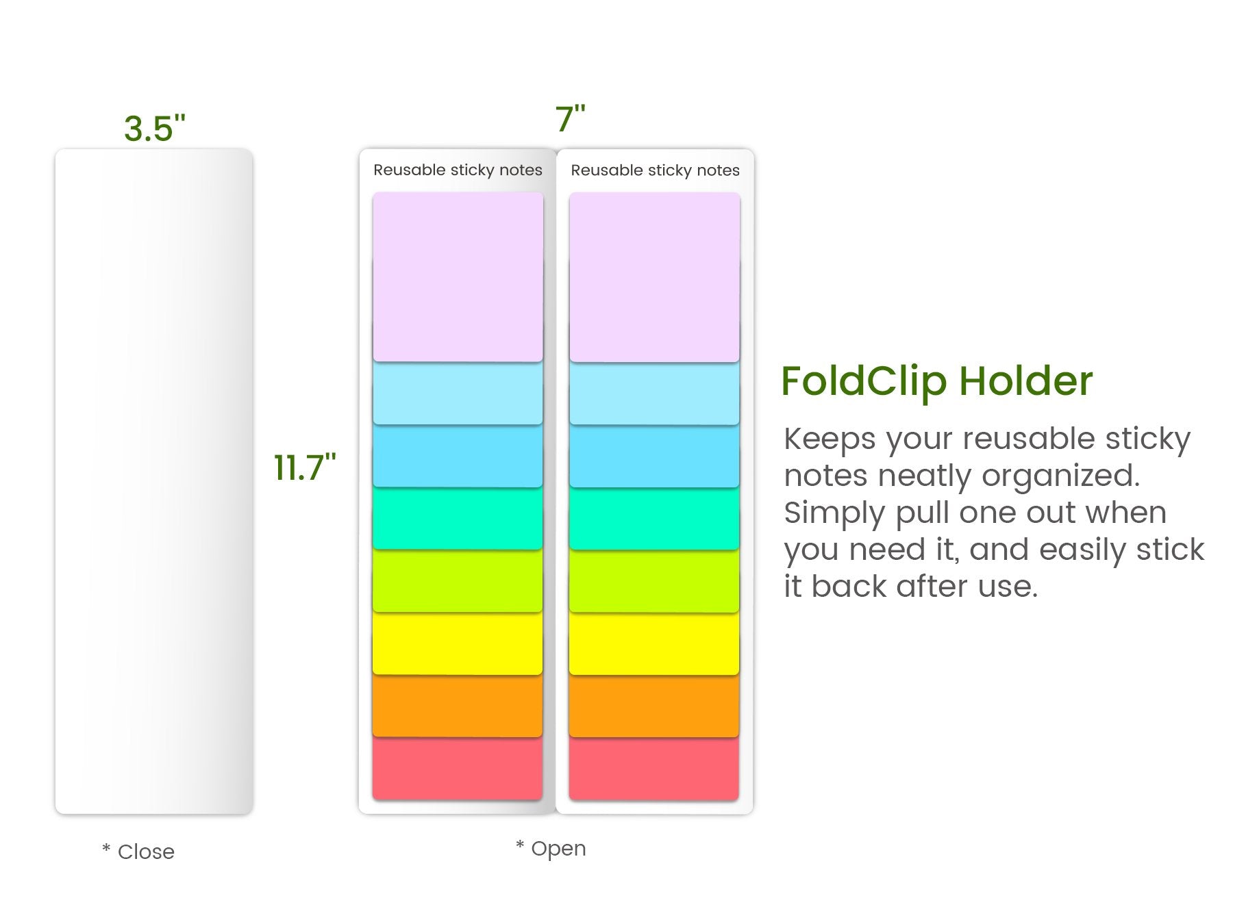 FoldClip Holder displaying stacked reusable sticky notes in various colors, shown open and closed with dimensions.