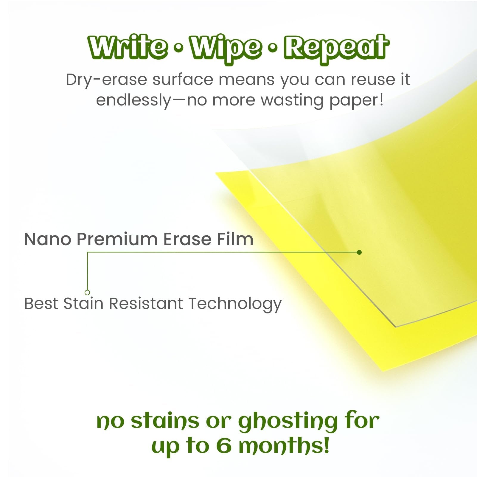 Close-up of reusable dry erase film with text overlays highlighting features and benefits.