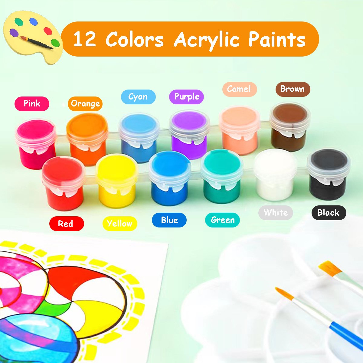 Assortment of 12 acrylic paint pots in various colors, with color labels and a painting palette with brushes in the foreground.