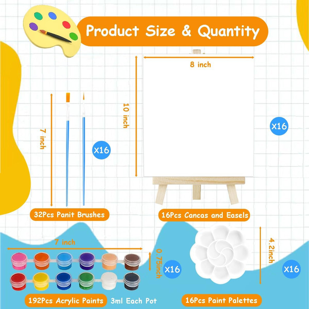Painting kit contents including canvases, easels, brushes, acrylic paints, and palettes with size and quantity details.