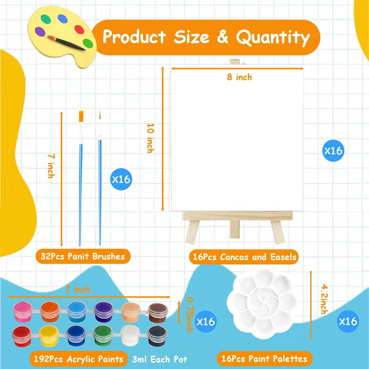 Painting kit contents including canvases, easels, brushes, acrylic paints, and palettes with size and quantity details.