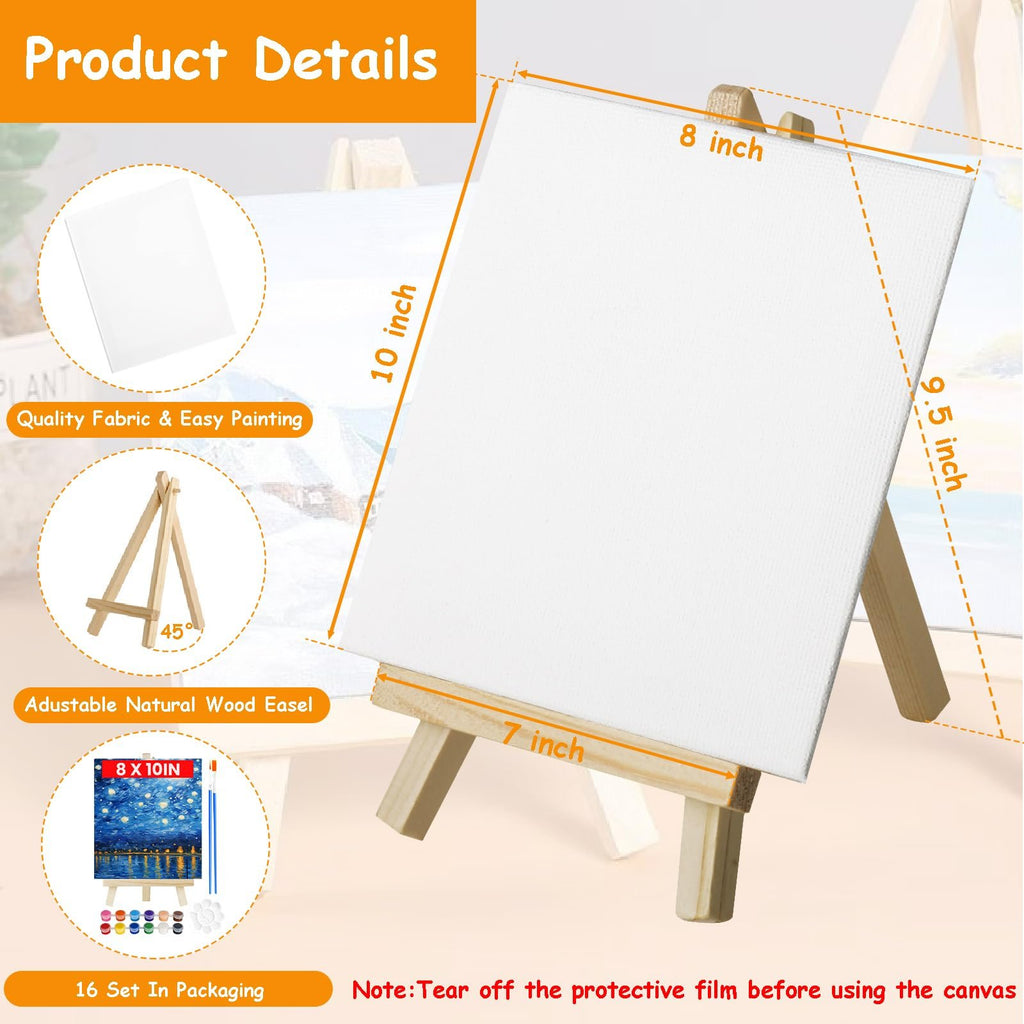 8x10 inch canvas on an adjustable wooden easel, with dimensions labeled. Inset images show a canvas, easel angle, and painting kit contents.