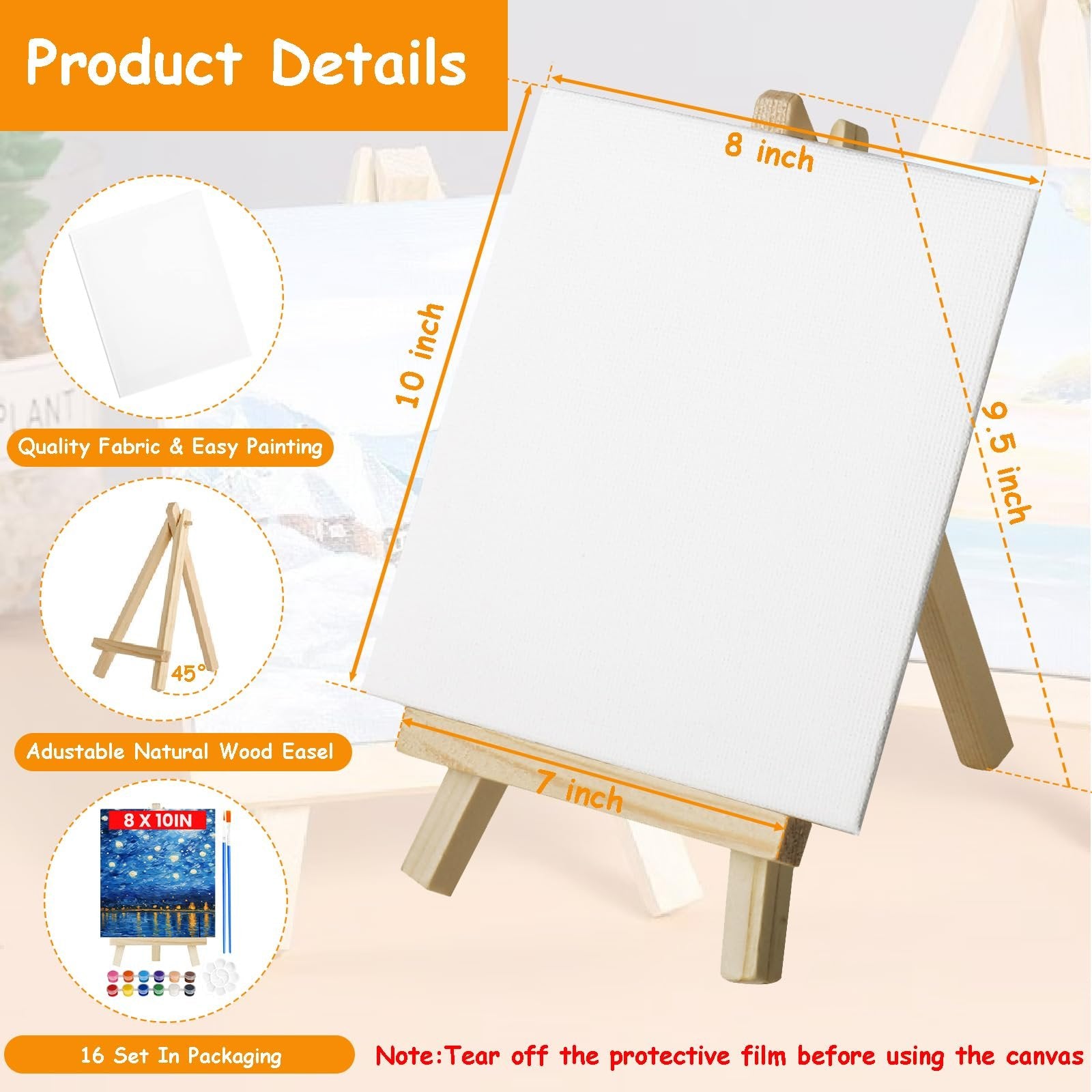 8x10 inch canvas on an adjustable wooden easel, with dimensions labeled. Inset images show a canvas, easel angle, and painting kit contents.