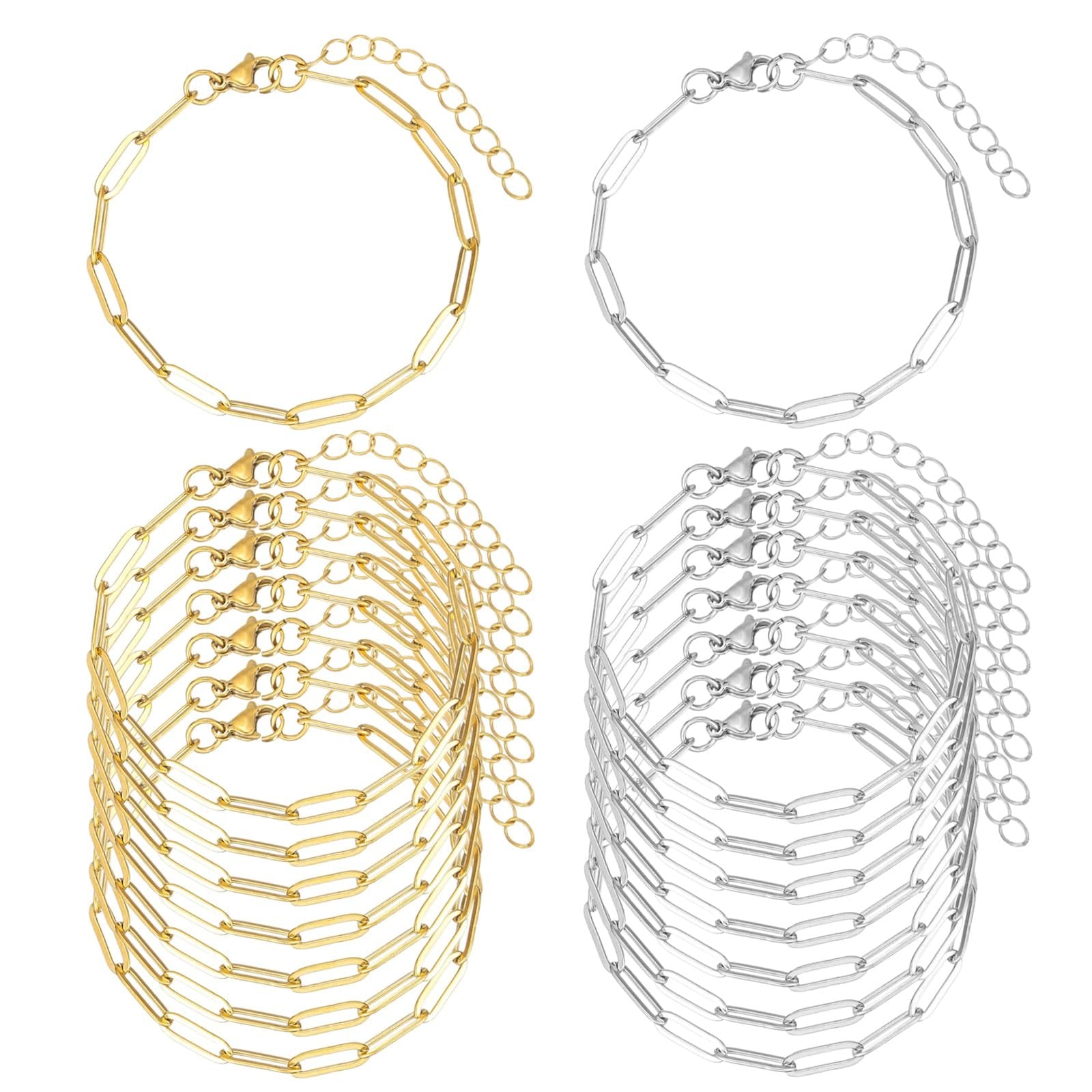 Gold and silver paperclip chain bracelets for jewelry making, shown in stacks and individually.