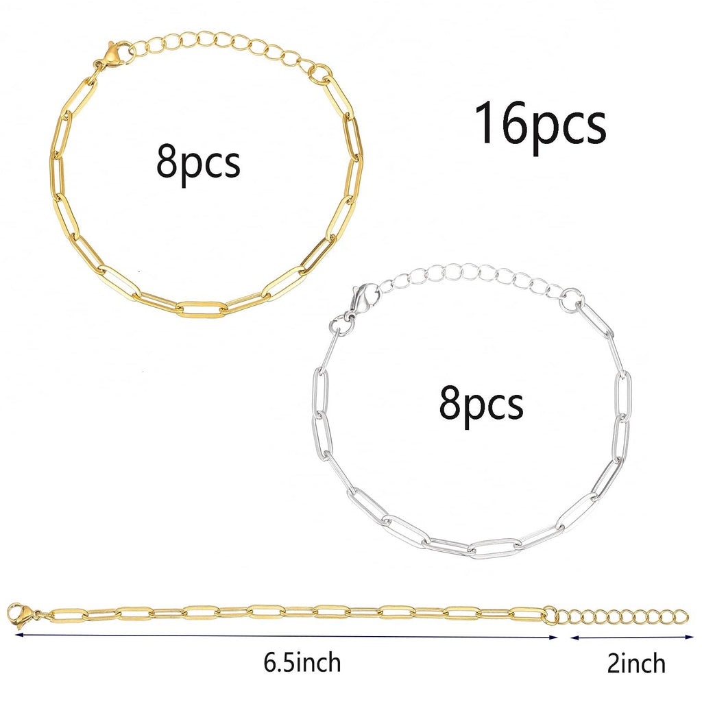 Gold and silver paperclip chain bracelets, one shown extended with size indicators.
