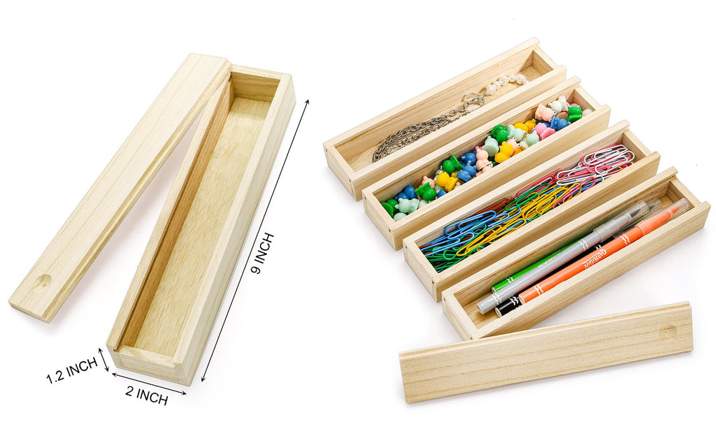 Unfinished pine wood boxes with sliding lids, one shown open, others filled with craft supplies and stationery.