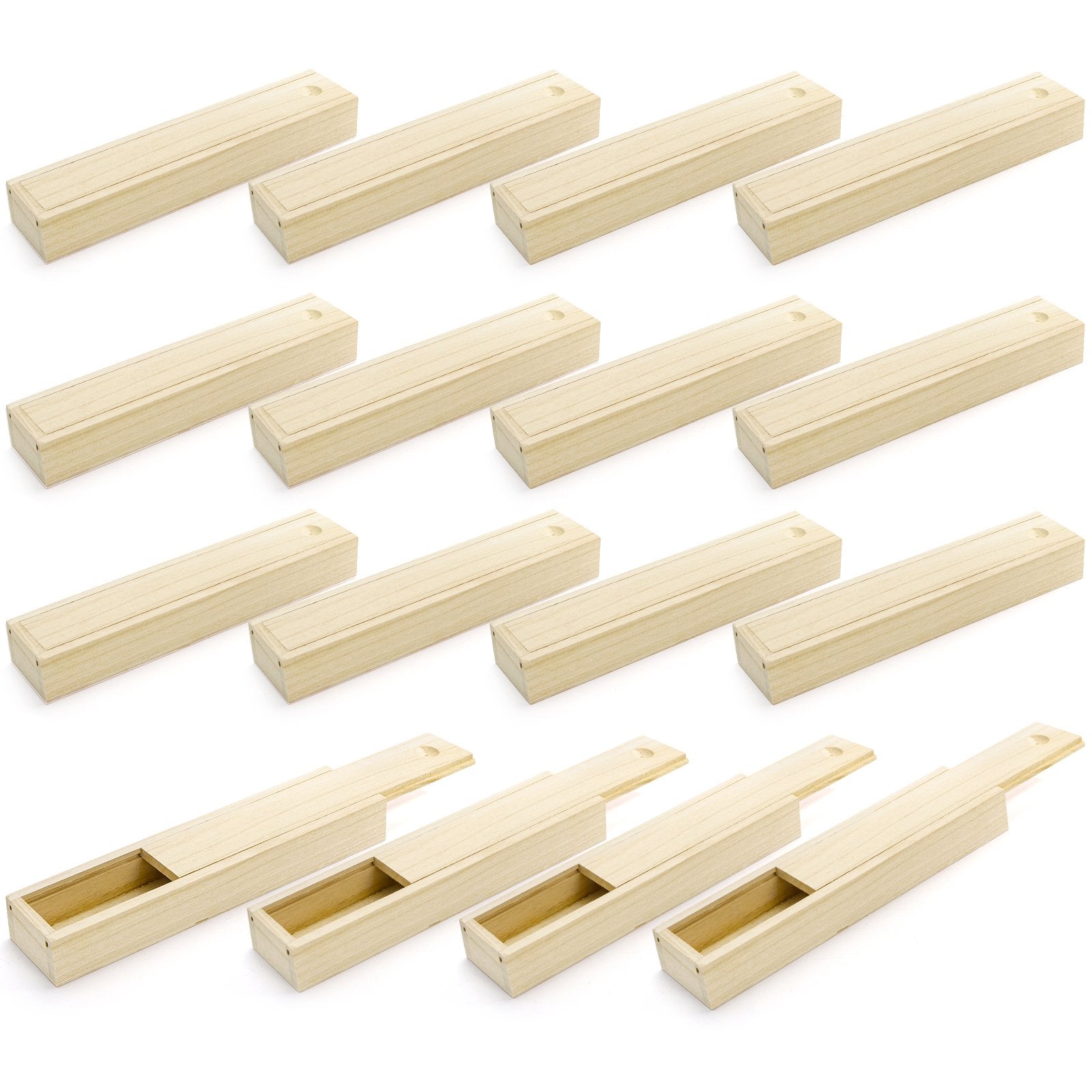 16-pack unfinished pine wood boxes with sliding lids, shown from a high angle on a white background. Some boxes are closed, others are open to reveal the interior.
