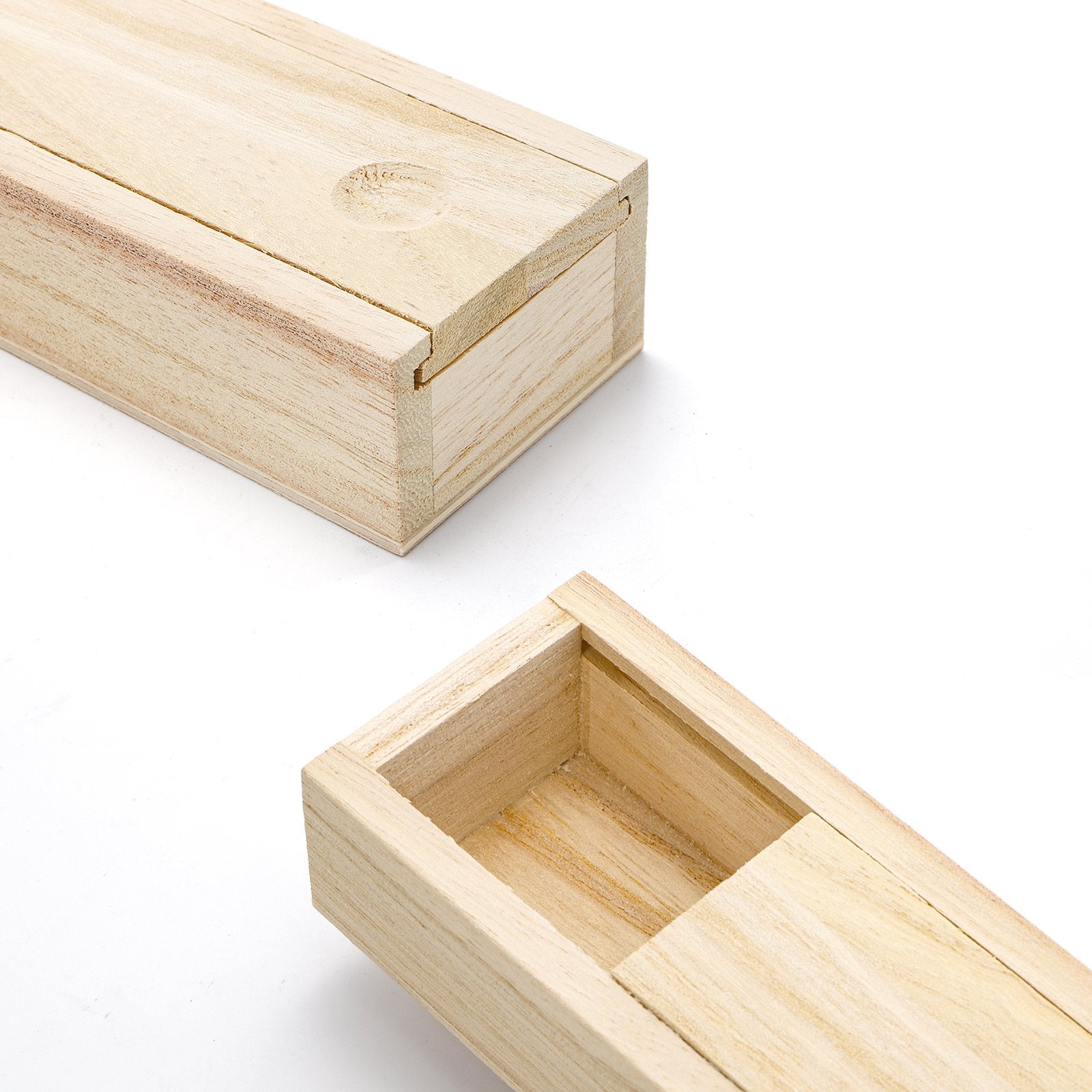 Two unfinished pine wood boxes with sliding lids, one open, on a white background.