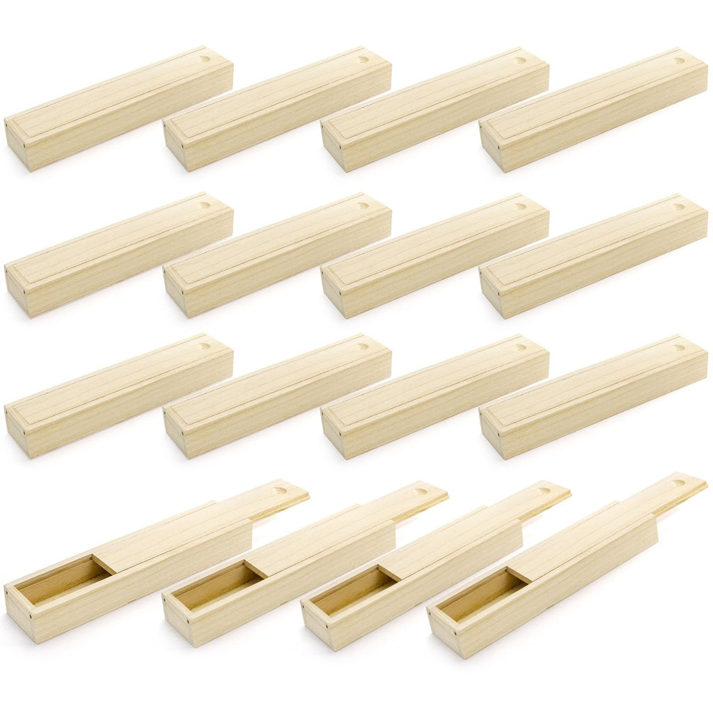 16 unfinished pine wood boxes with sliding lids, shown in rows with some open