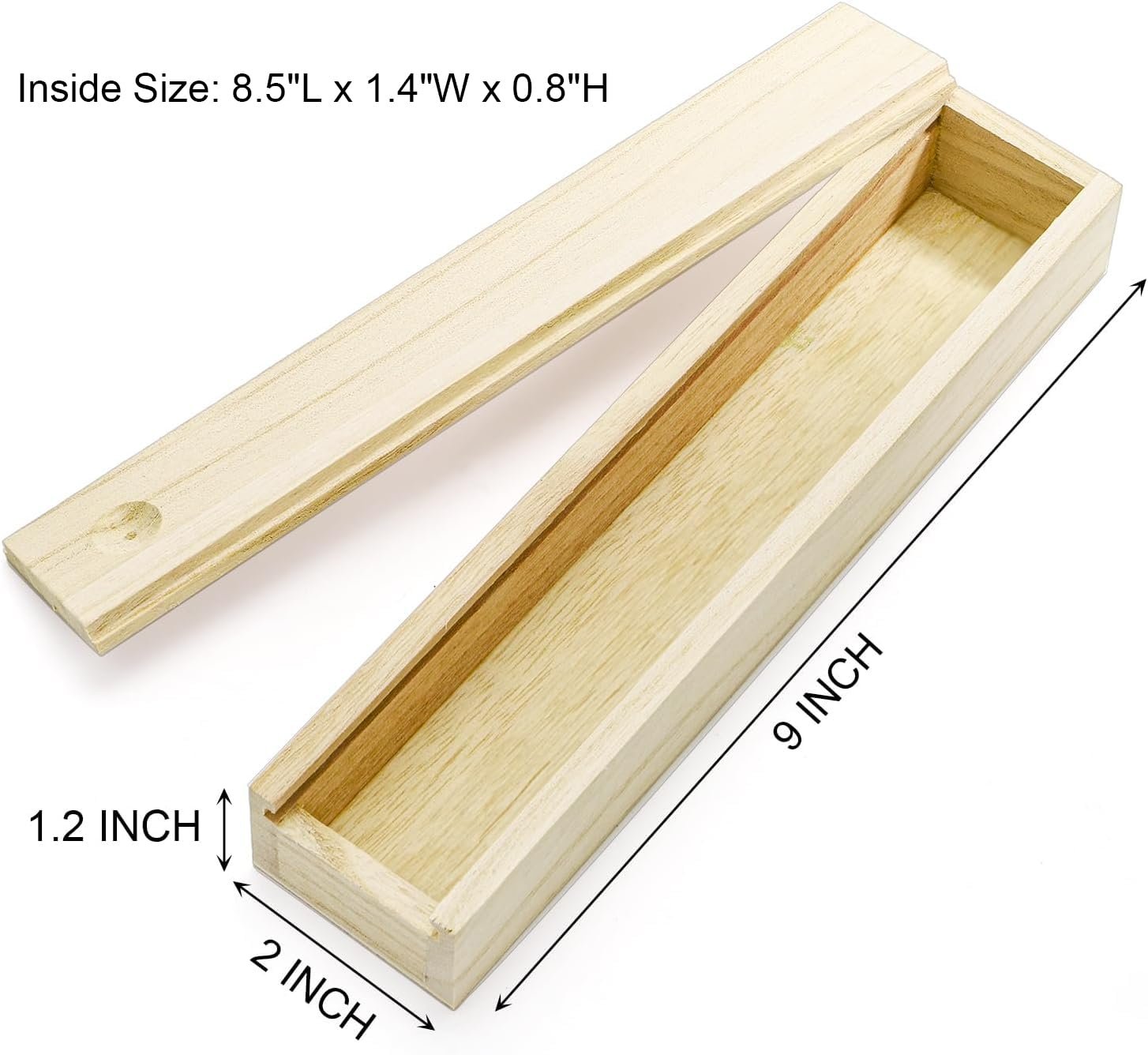 Unfinished pine wood box with sliding lid shown from above, with dimensions indicated.