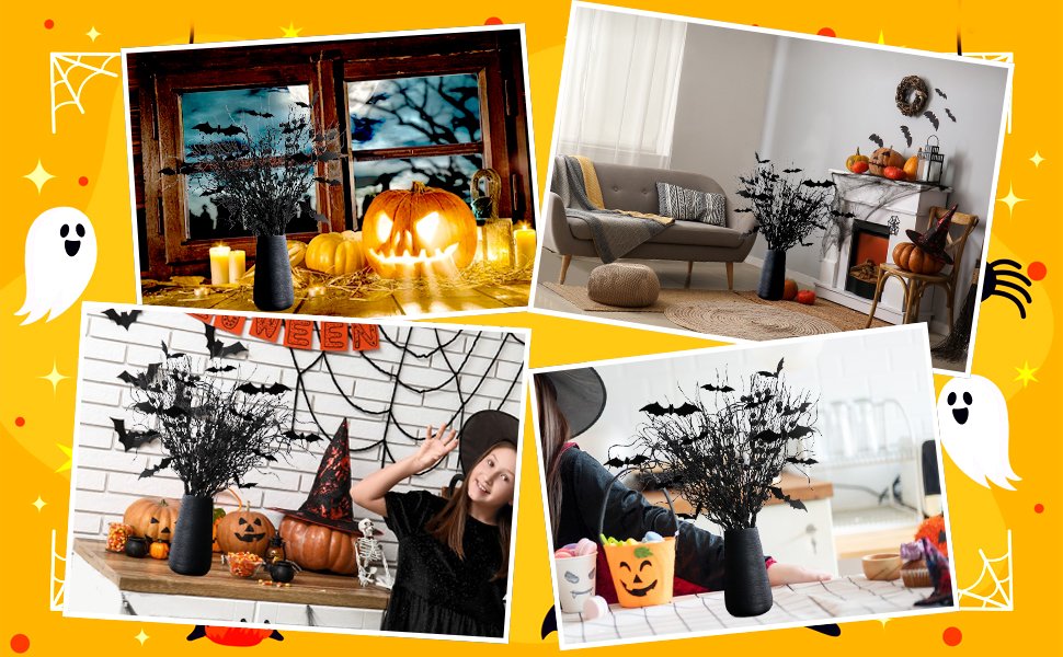 Collage of Halloween decor featuring black artificial branches with bats in vases, pumpkins, and spooky scenes.