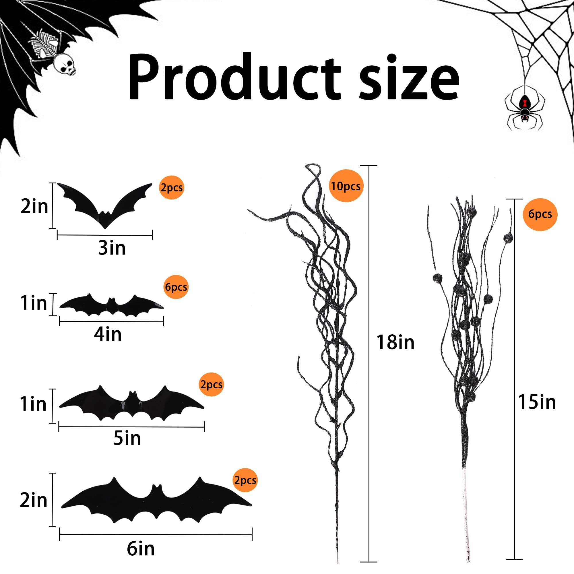 Halloween artificial branches and black bats with size and quantity callouts