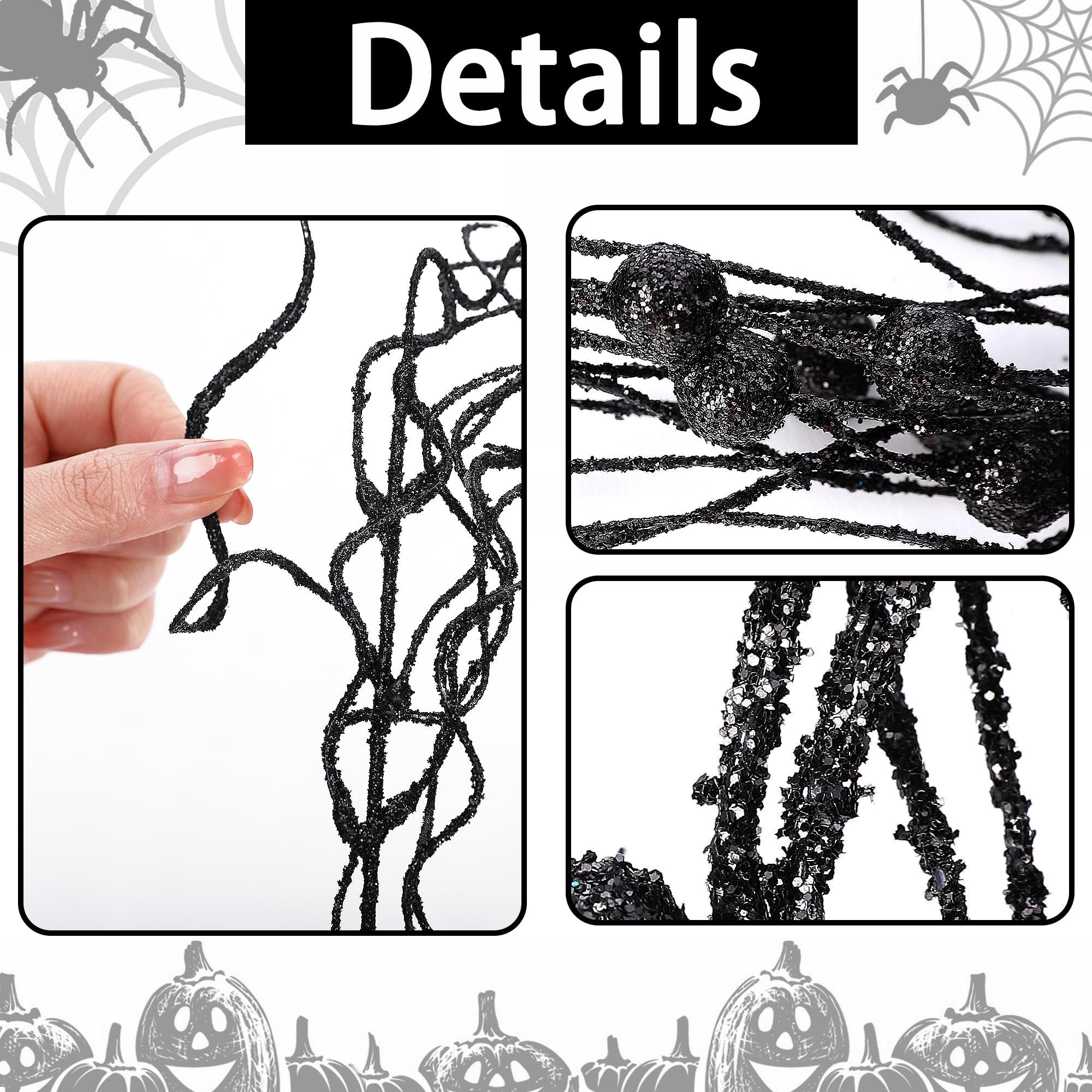 Close-up of black glittery Halloween branches with a hand holding one stem, and detailed shots of berry clusters and glittery texture.