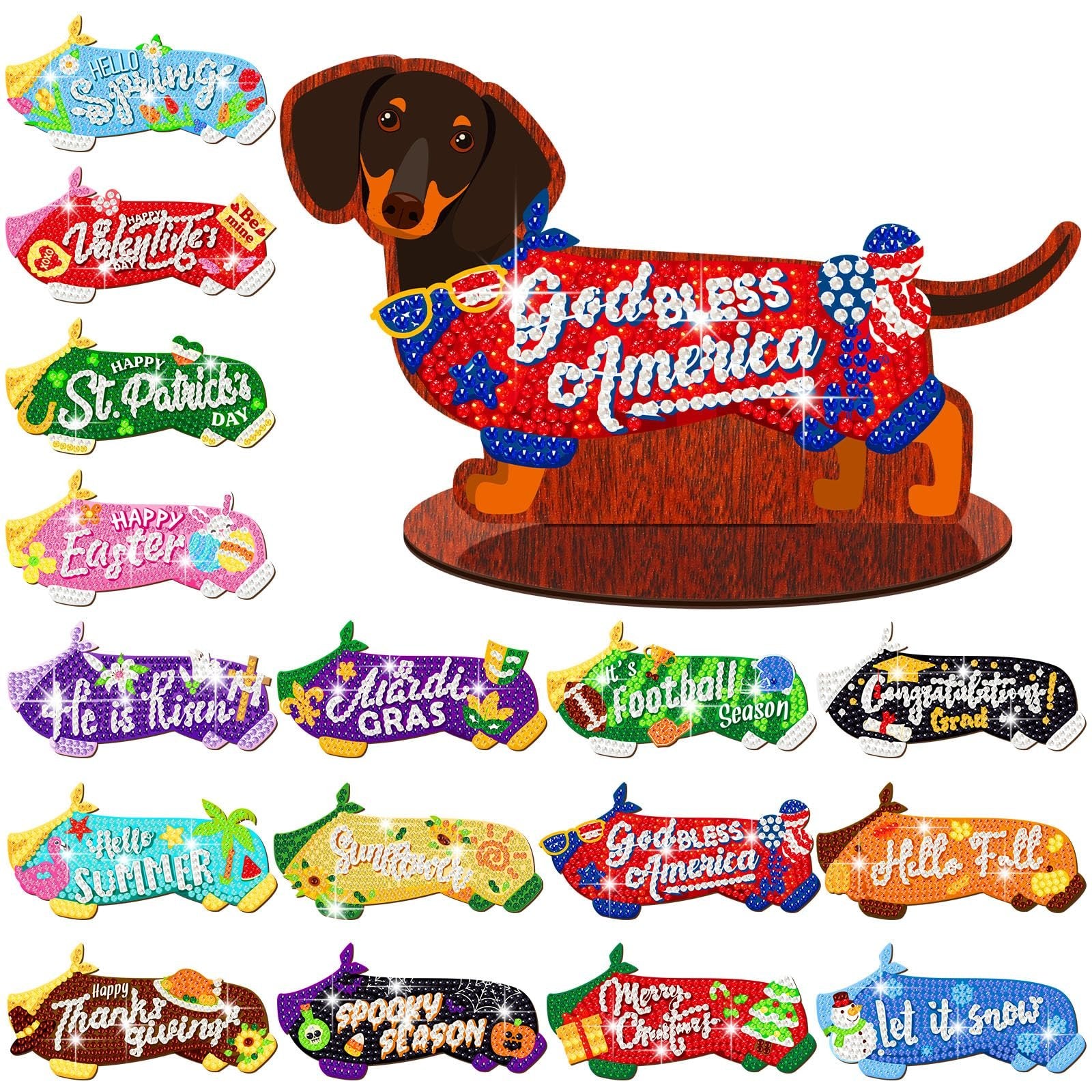 Dachshund diamond art kit centerpiece with interchangeable seasonal decor pieces, including holidays and seasons.