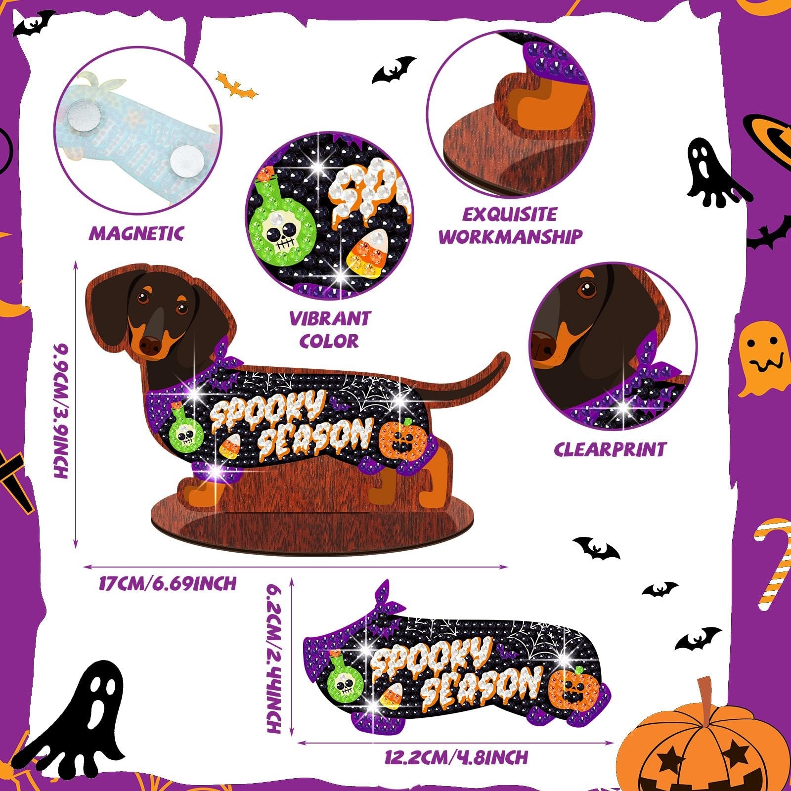 Dachshund diamond art kit centerpiece with interchangeable seasonal decors, showing dimensions and features.