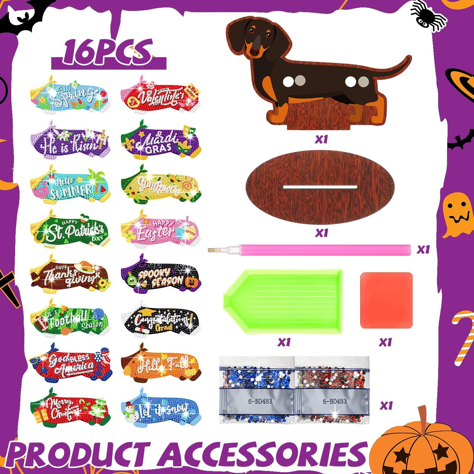Dachshund diamond art kit with seasonal decor pieces and accessories laid out, including a wooden dachshund stand, drill pen, tray, and diamond bags.