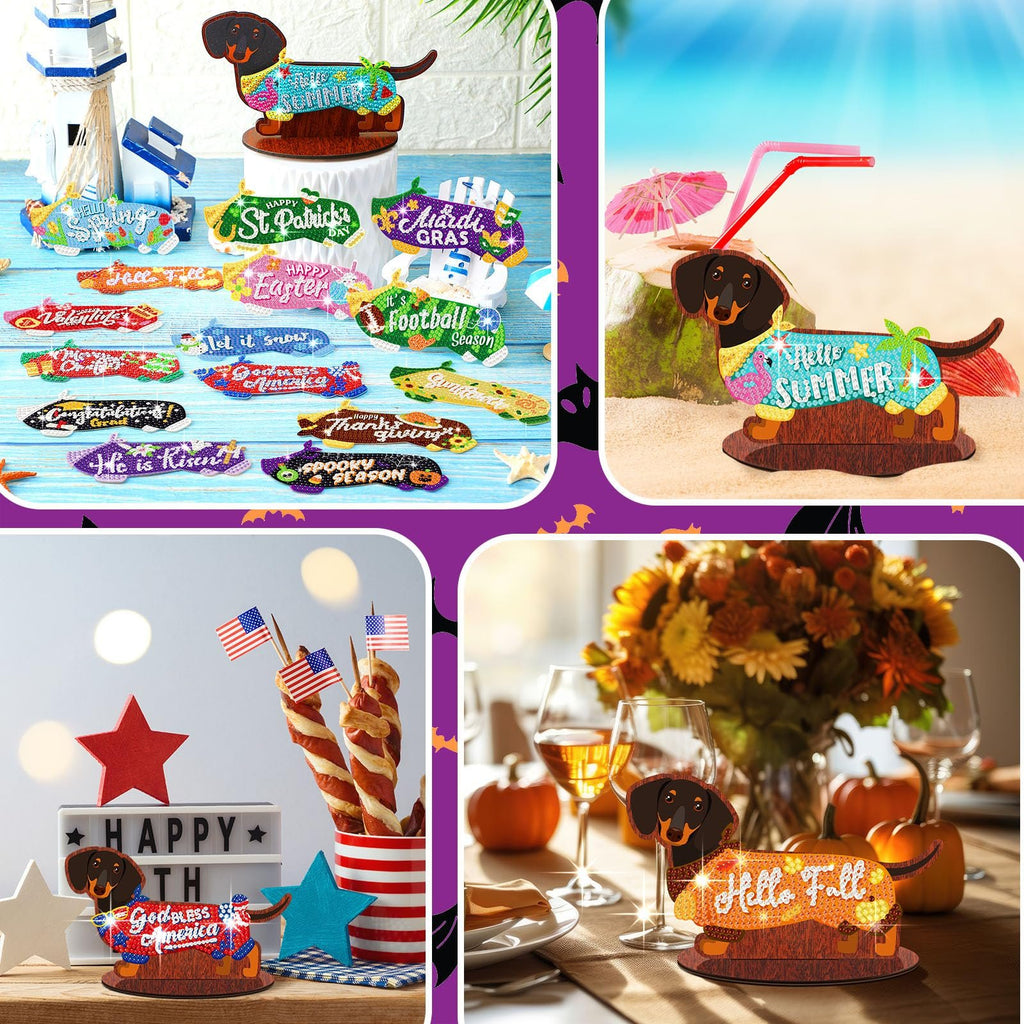 Collage of dachshund diamond art kits with seasonal decor for tiered trays and table centerpieces.