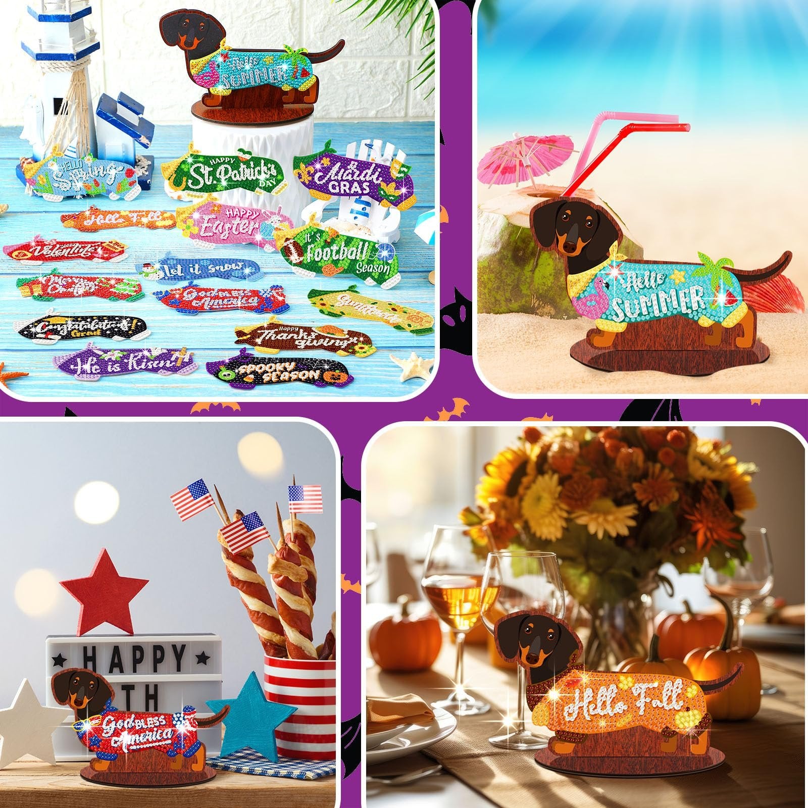Collage of dachshund diamond art kits with seasonal decor for tiered trays and table centerpieces.