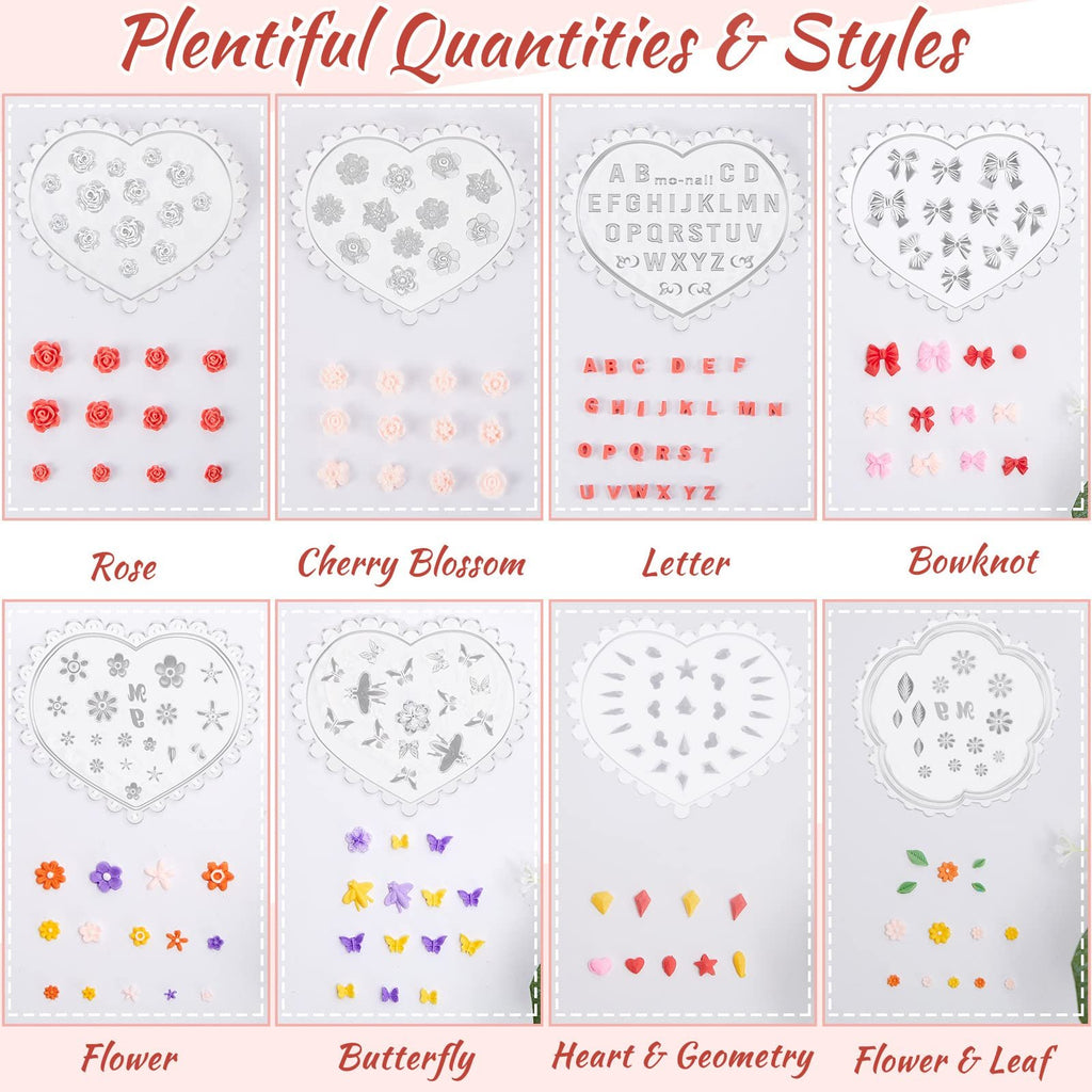 Collection of polymer clay molds and finished pieces in various shapes including roses, cherry blossoms, letters, bowknots, flowers, butterflies, hearts, and geometric shapes.