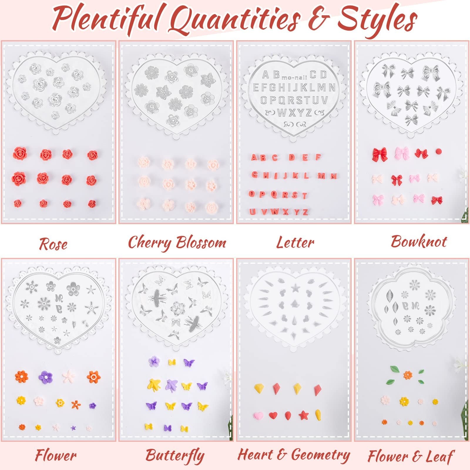 Collection of polymer clay molds and finished pieces in various shapes including roses, cherry blossoms, letters, bowknots, flowers, butterflies, hearts, and geometric shapes.