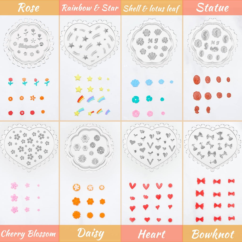 Set of 16 polymer clay molds for jewelry making, featuring rose, rainbow, star, shell, lotus leaf, statue, cherry blossom, daisy, heart, and bowknot shapes.
