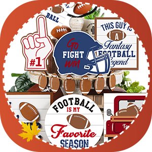 Collection of football-themed fall and harvest decorations including a helmet, wooden signs, and a garland.