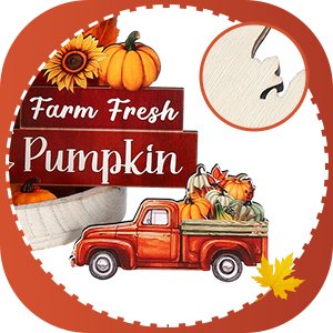 Thanksgiving tiered tray decor set featuring a red truck filled with pumpkins and wooden signs reading 'Farm Fresh' and 'Pumpkin'.