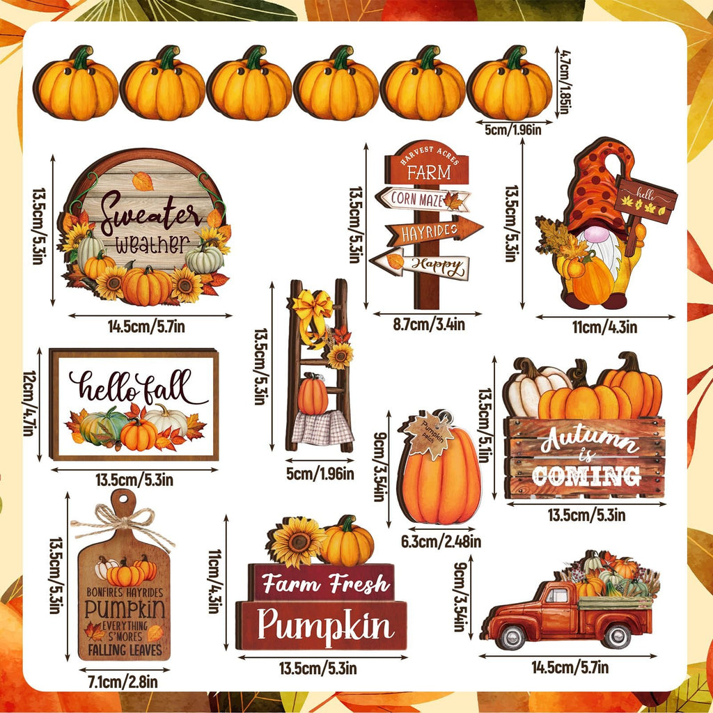 Collage of 16 Thanksgiving and fall-themed wooden decor signs featuring pumpkins, gnomes, trucks, and harvest motifs.