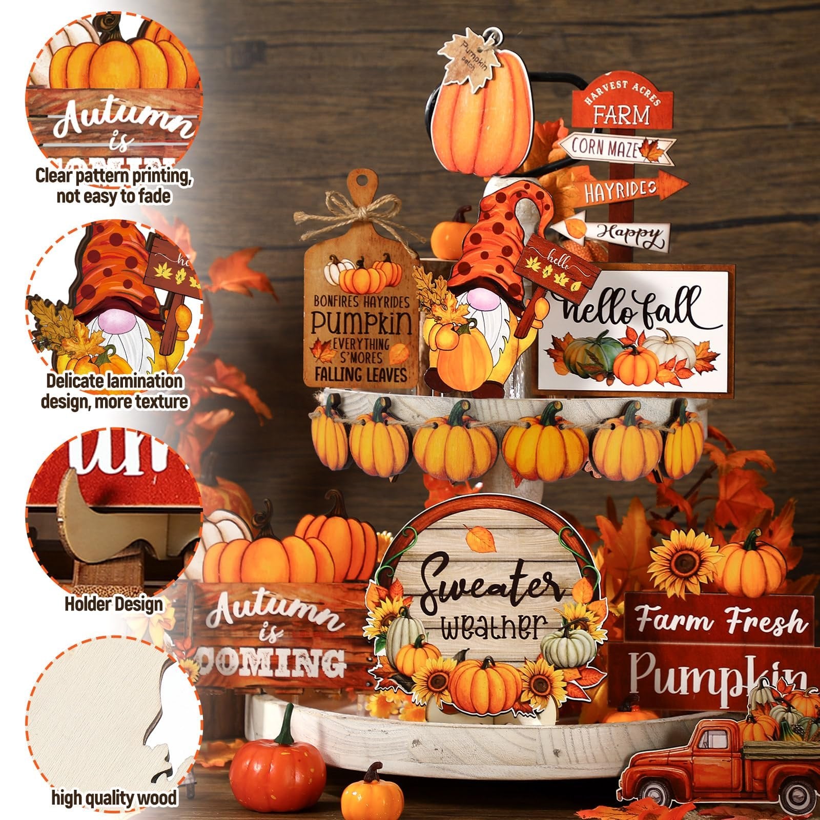 Thanksgiving tiered tray decor featuring pumpkins, gnomes, and fall-themed signs arranged on a wooden tray.