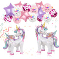 Two large unicorn foil balloons and a collection of smaller unicorn, star, and confetti balloons against a white background.