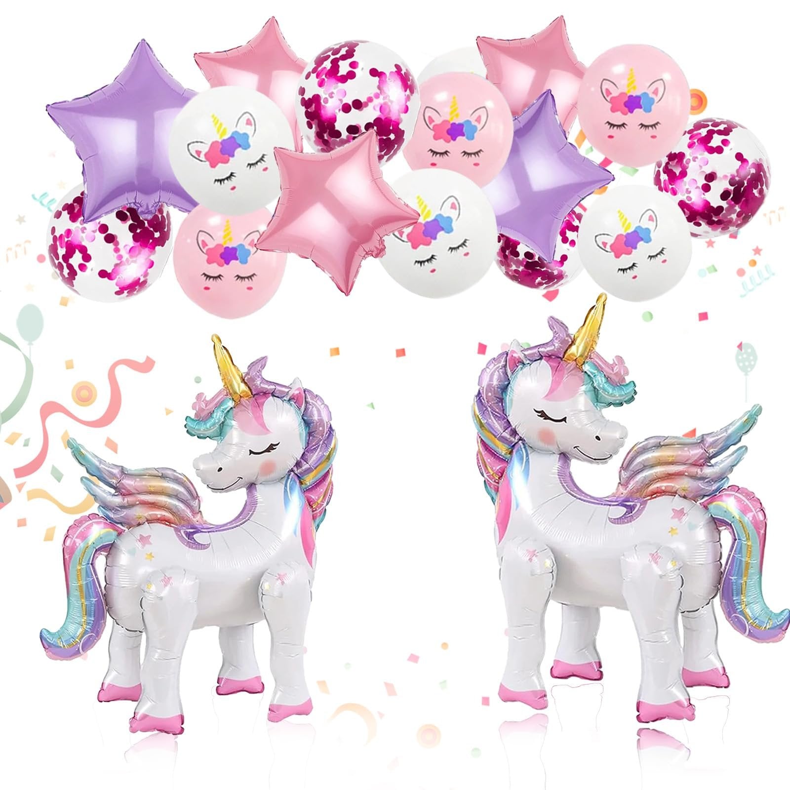 Two large unicorn foil balloons and a collection of smaller unicorn, star, and confetti balloons against a white background.