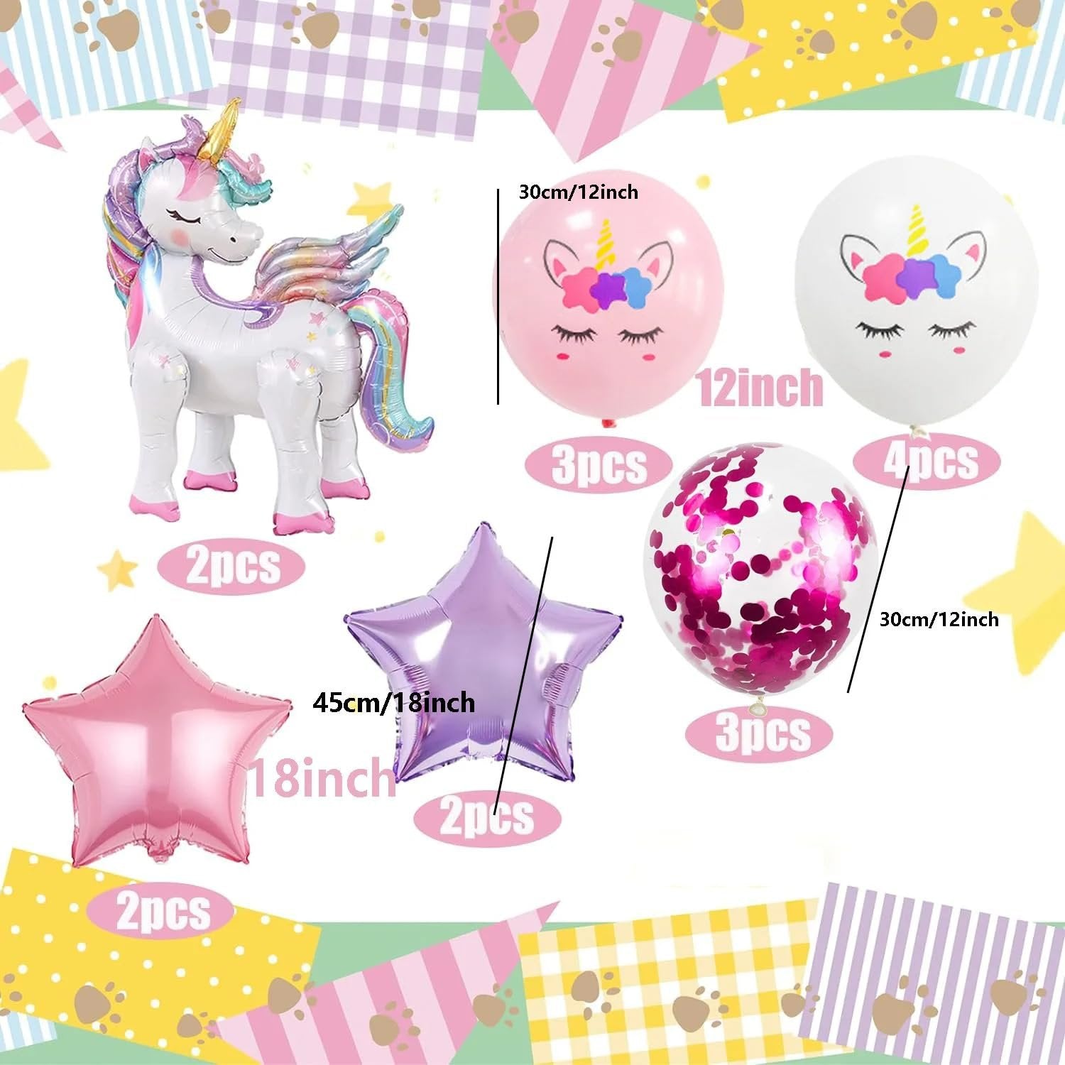 Unicorn balloon kit with self-standing 3D foil unicorns, star balloons, and printed latex balloons with confetti.